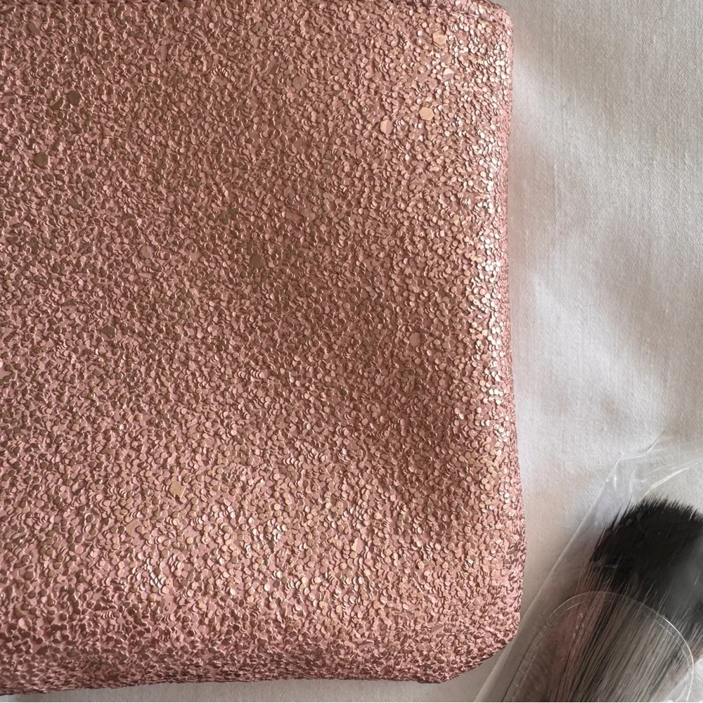 ipsy Rose Gold Glitter Makeup Pouch with Brush & Skincare Samples